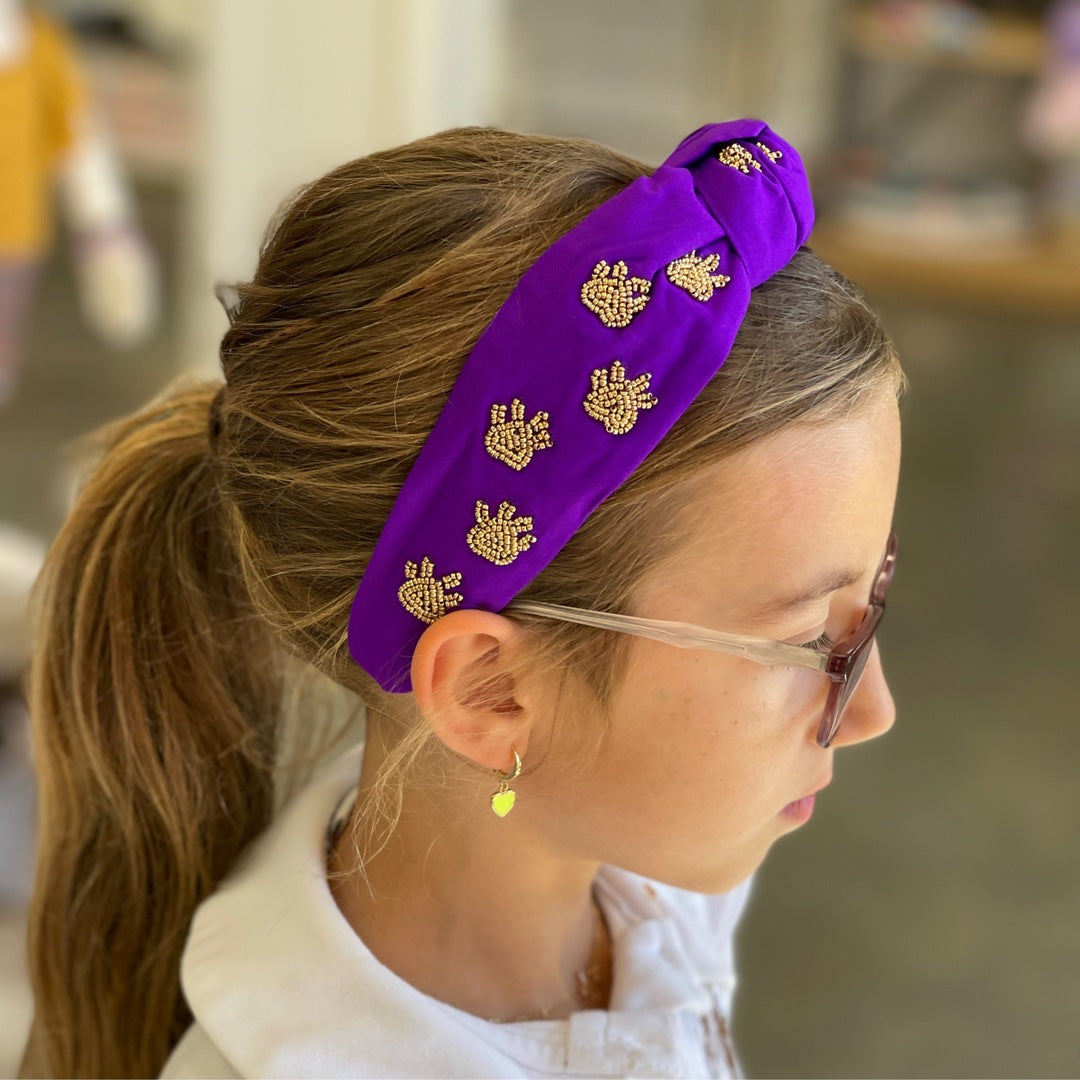 Knot Headband Purple Gold Paws